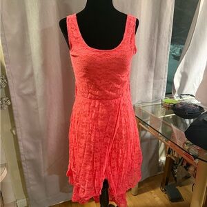 Vibrant Coral Asymmetrical Lace Dress